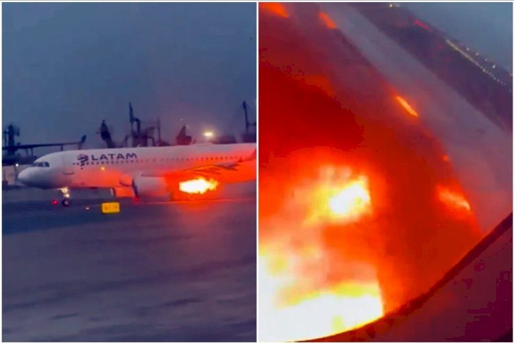 Motor de avião da Latam pega fogo durante decolagem no Aeroporto de Lima. Vídeo